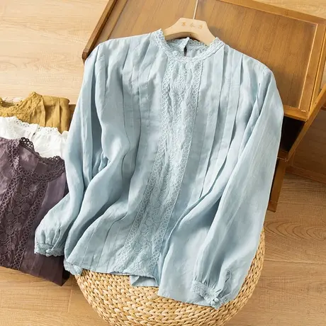 享永子刺绣苎麻衬衫女文艺复古百搭衬衣宽松显瘦上衣2023春夏新款商品大图