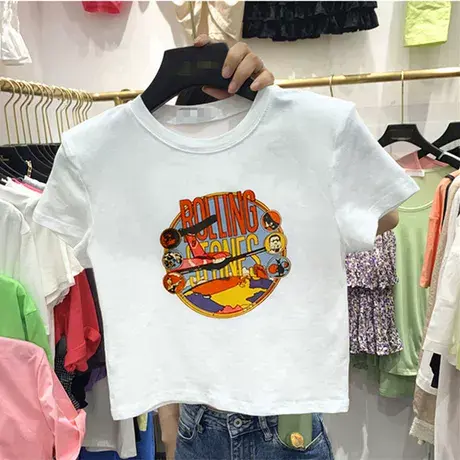 纯色泫雅风短袖t春装2023年新款女高腰露肚脐上衣女短款潮修身潮图片