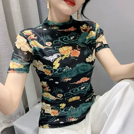 网纱T恤女短袖春秋2024新款时尚半高领上衣别致印花洋气漂亮小衫图片