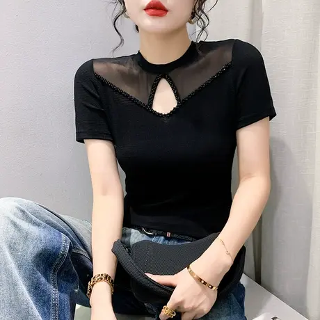 欧货性感网纱上衣女时尚钉珠气质T恤短袖心机镂空小衫修身体恤夏商品大图