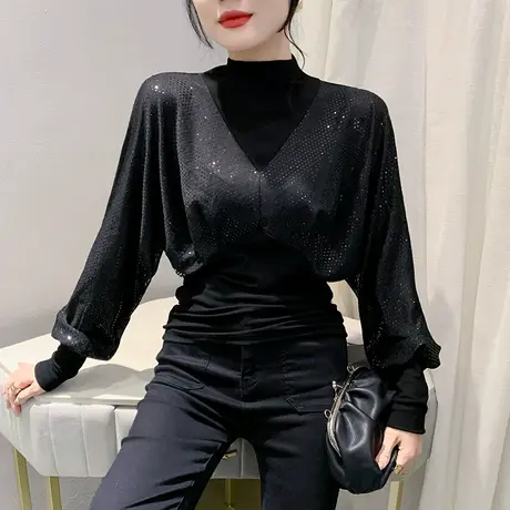 性感半高领T恤女长袖欧货亮片拼接蝙蝠袖上衣洋气宽松透气打底衫商品大图