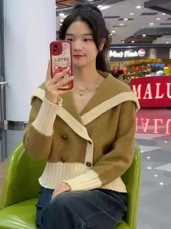 小香风拼色海军领针织开衫女2023秋季新款叠搭时尚洋气双排扣毛衣商品大图