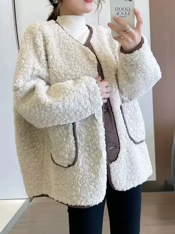 羊羔毛外套女2023秋冬季新款韩版宽松皮毛一体加厚拼色毛绒上衣潮商品大图