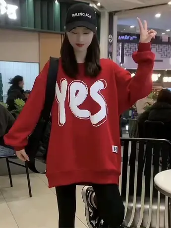 2023年春季新款YES字母印花中长款圆领卫衣宽松显瘦休闲百搭上衣商品大图