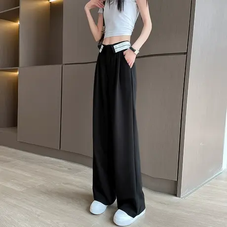 小众窄版阔腿西装裤女夏季冰丝薄款高腰垂感宽松休闲直筒黑色裤子图片