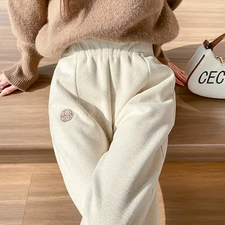 杏色毛呢哈伦裤女冬季款高腰小个子休闲裤九分加厚呢子卷边萝卜裤图片