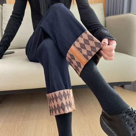 卷边烟管牛仔裤女秋冬2024新款高腰显瘦小个子加绒加厚九分直筒裤商品大图