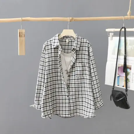 长袖衬衫女秋季2024韩范温柔上衣小众设计感外套加厚格子衬衣女装图片