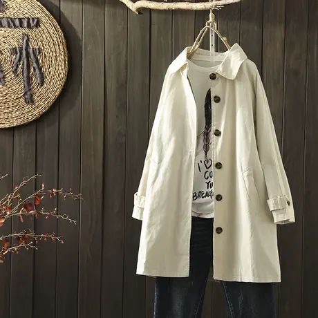 枫谜秋装新款文艺复古单排扣中长款风衣外套女韩版休闲中长款上衣商品大图
