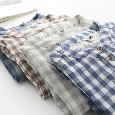 日系文艺小清新双层棉纱立领格子蝙蝠袖衬衫女七分袖学生韩范上衣商品大图