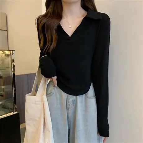 秋装正肩Polo领T恤女美式复古纯欲甜辣短款V领上衣内搭长袖打底衫商品大图