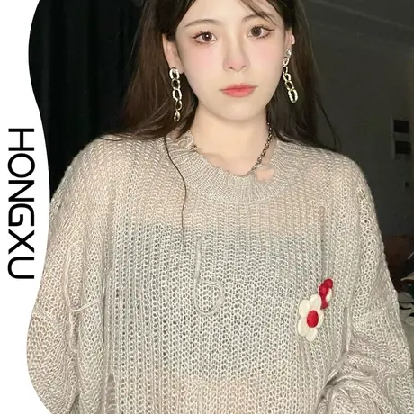 红续冬季不规则破洞镂空针织罩新款小众设计高级感灰色流苏毛衣图片