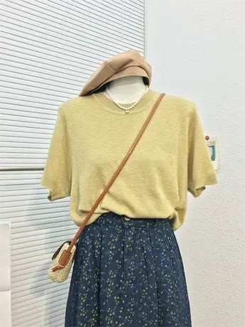 秋装2023新款韩版圆领短袖针织衫气质百搭软糯通勤打底衫上衣服女商品大图