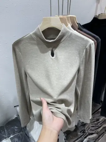 设计感半高领镂空磨毛长袖T恤女2023秋冬新款洋气纯色打底衫上衣商品大图