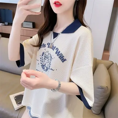 小众设计感娃娃领短袖t恤女夏季韩版宽松大码翻领polo衫撞色上衣商品大图