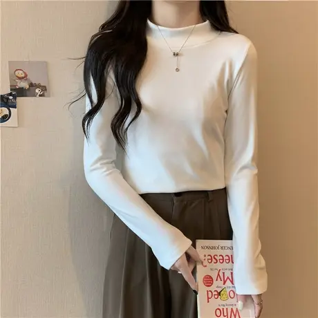 秋冬加绒加厚长袖T恤女洋气韩版德绒半高领上衣内搭修身打底衫潮商品大图