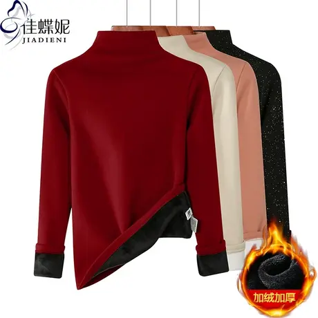 秋冬新款韩版半高领修身本命年红色加绒加厚长袖体恤上衣女打底衫图片