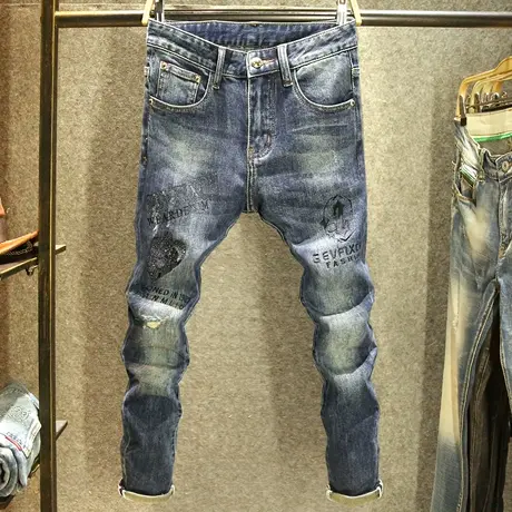 秋冬季裤子男牛仔裤潮流手工刺绣修身小脚裤潮牌破洞韩版百搭长裤商品大图