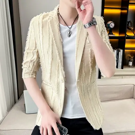 高级感七分袖薄款西服男士潮流个性韩版痞帅气小西装夏季中袖外套商品大图