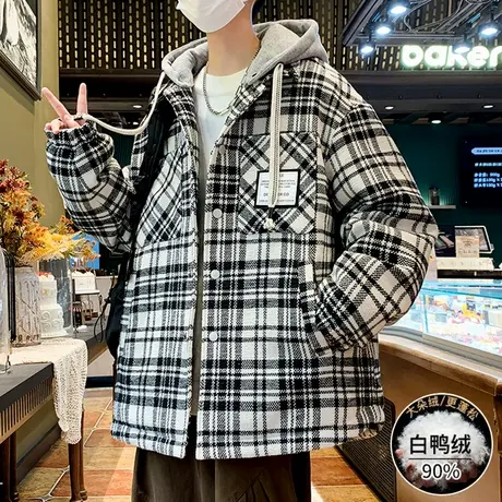 冬季港风黑白格加厚羽绒服男休闲潮流复古假两件夹克外套学生冬装图片