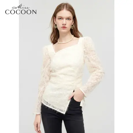 【秋上新】missCOCOON法式开衩绣花上衣2023秋新款女泡泡袖蕾丝衫商品大图