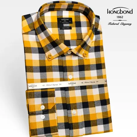 红邦创衣 2023秋冬男装长款格衬衫天丝暖黄棉质长袖商务休闲修身商品大图