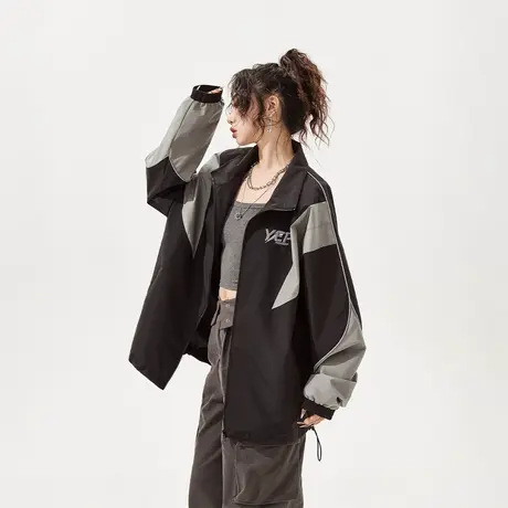 YEP潮牌黑色拼接运动外套女春装2024年新款薄款工装冲锋夹克上衣图片