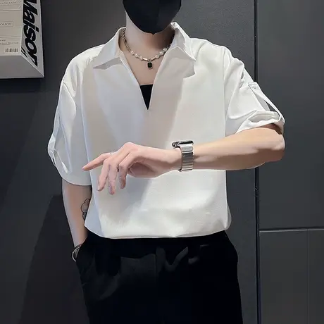 v领T恤夏季潮牌冰丝短袖2023新款休闲宽松上衣假两件翻领半袖体恤商品大图