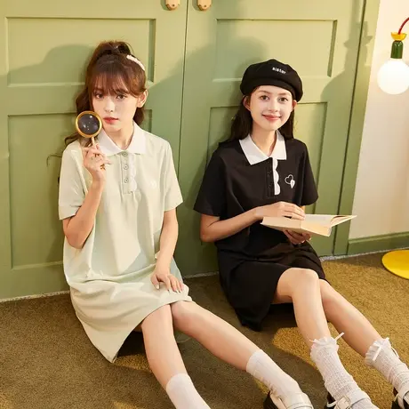 唐狮裙子女夏季polo领木耳边短袖连衣裙女黑色质感休闲连衣裙女图片