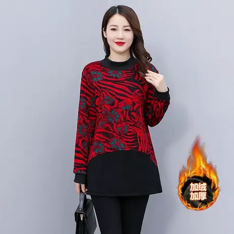 阔太太中长款加绒加厚打底衫女2023年冬季新款大码宽松遮肚女上衣商品大图