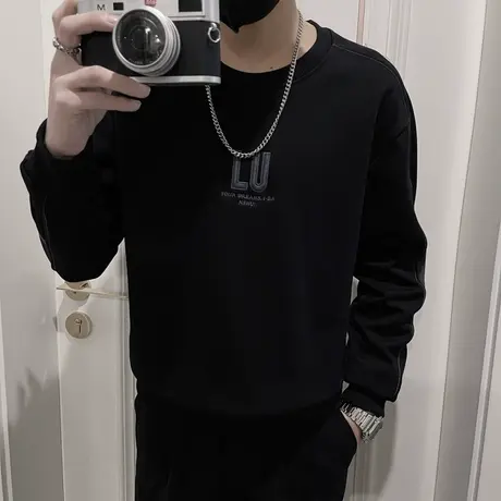 重磅秋季卫衣男圆领套头长袖t恤设计感痞帅拼色小众休闲打底上衣商品大图