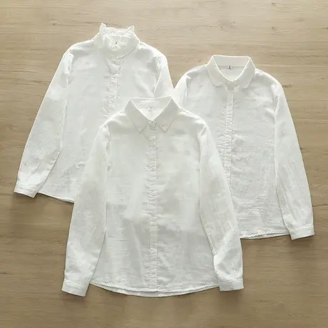 春秋文艺小清新简约双层棉纱花边立领长袖衬衫女学生百搭纯棉上衣商品大图