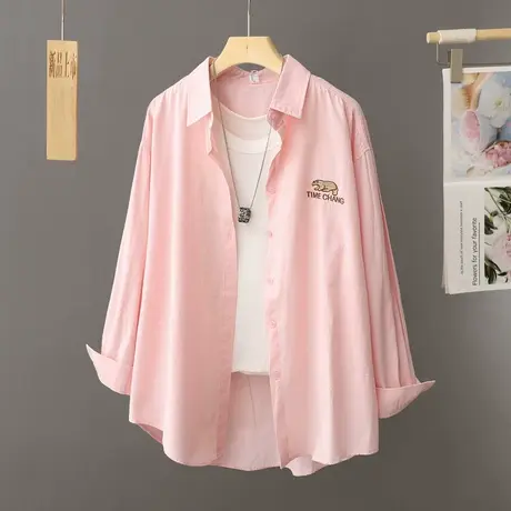 口袋刺绣学院风粉色衬衫式外套女士百搭休闲叠穿纯棉衬衣开衫上衣图片