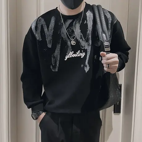 个性印花字母套头卫衣男春季潮牌重磅宽松痞帅轻熟高街长袖T恤衫商品大图