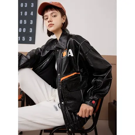 a02【BF风皮衣】2024春款潮牌印花上衣撞色大口袋女式外套商品大图