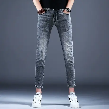 新款夏季薄款烟灰色九分牛仔裤男裤弹力小脚修身裤子潮流男士休闲商品大图