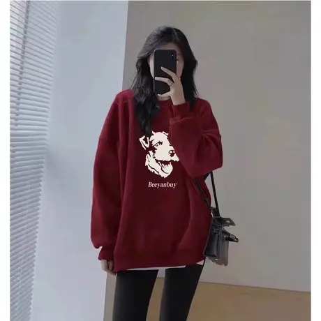 美式甜酷卫衣女大码胖mm宽松圆领加绒上衣ins潮冬季小众设计外套商品大图