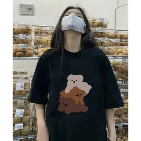 纯棉重磅设计感卡通印花短袖t恤女夏季新款小众港味chic宽松上衣图片