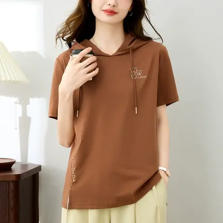 连帽纯棉t恤女夏装2024年春夏新款时尚休闲上衣刺绣短袖体恤衫潮图片
