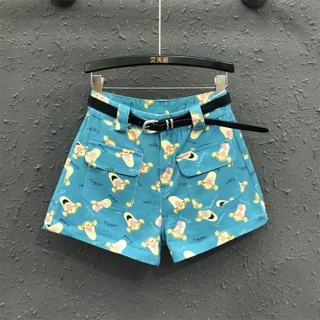 欧货韩版阔腿裤女24春季新款蓝色个性印花跳跳虎宽松百搭牛仔短裤图片