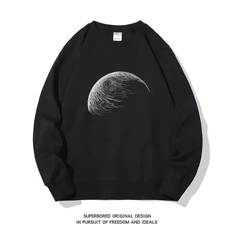 美式春秋季印花圆领卫衣男黑色套头外套2023新款设计感秋装男上衣图片