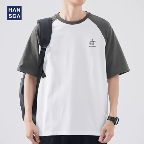 hansca 250g重磅短袖T恤男士夏季美式潮牌宽松撞色潮流插肩袖上衣商品大图