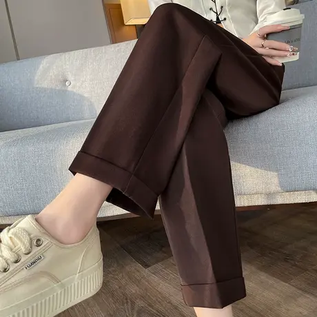 西装裤女窄版春秋高腰直筒宽松卷边垂感显瘦九分小个子休闲烟管裤商品大图