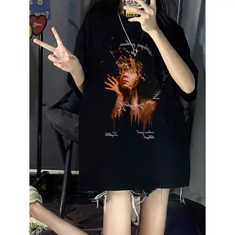 纯棉重磅美式复古短袖t恤女2024新款夏季宽松慵懒风半袖高街上衣商品大图