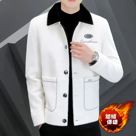 貂绒短款大衣外套男士潮流帅气加绒加厚呢子夹克保暖冬装毛毛衣服商品大图