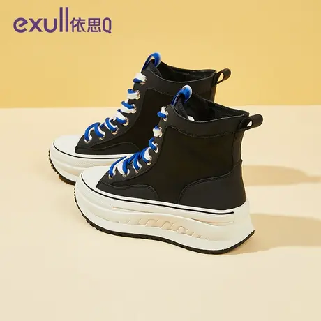 依思q厚底黑色帆布鞋女2023新款冬天小众超火百搭冬季女鞋高帮鞋图片