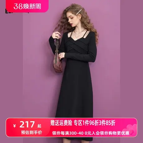 妖精的口袋法式黑色镂空长袖连衣裙女2023冬季新款修身显瘦小黑裙商品大图