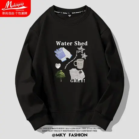 欧美潮流个性印花圆领卫衣男2023新款春秋款设计感小众黑色套头衫图片