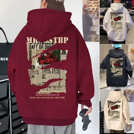 纯棉卫衣男春秋季2023新款潮牌玫瑰印花情侣休闲外套宽松套头帽衫商品大图