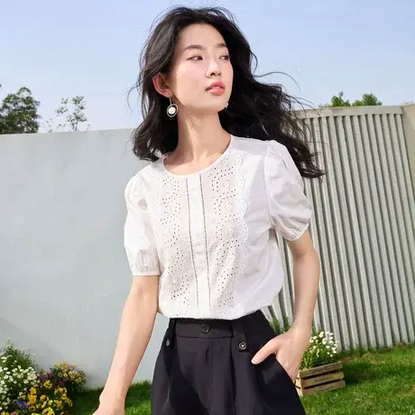时尚气质短袖衬衫2023年夏季新款女士简约圆领宽松显瘦通勤上衣商品大图